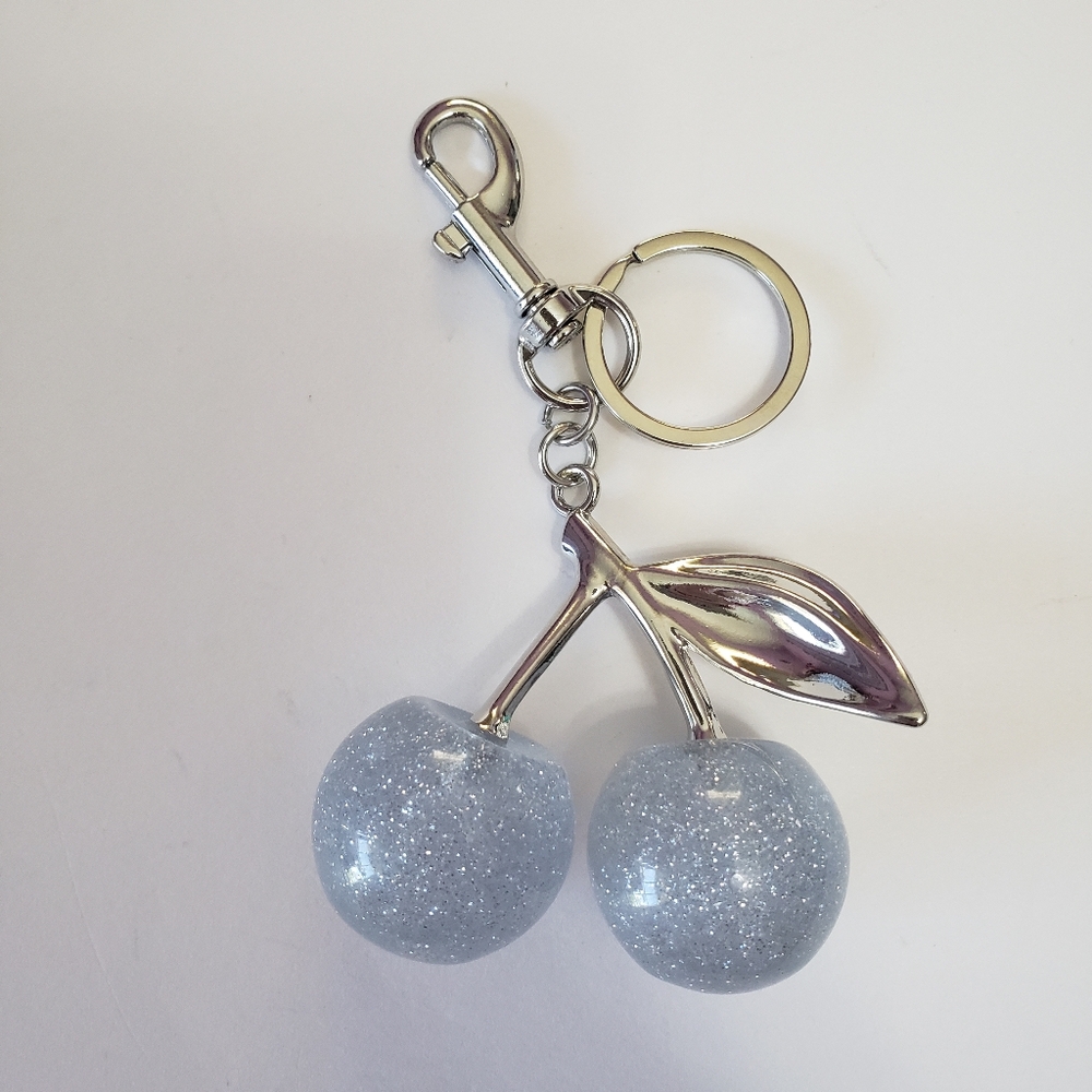 Silver Glitter Clear Cherry Bag Charm/ Key Chain, - Picture 3 of 6